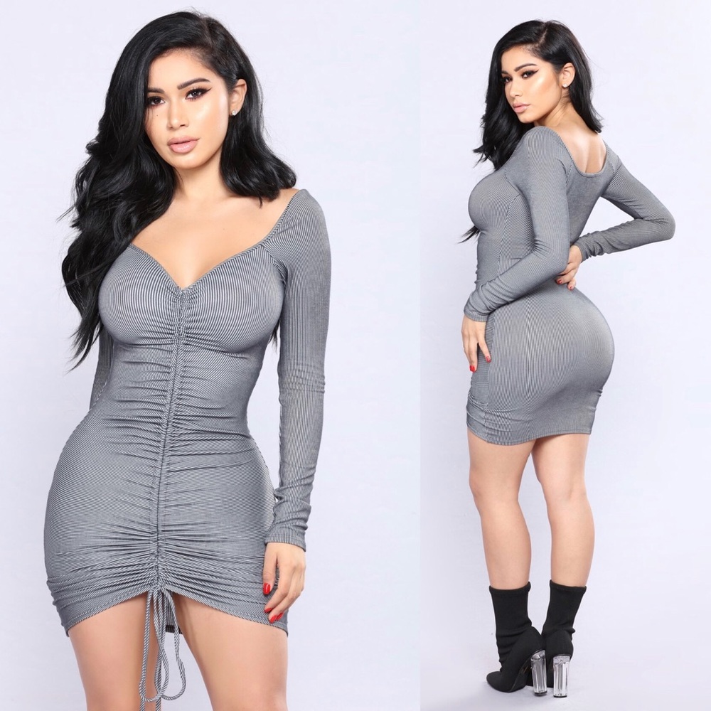 Fashion Nova Charcoal Xi’an Ruched Striped Dress